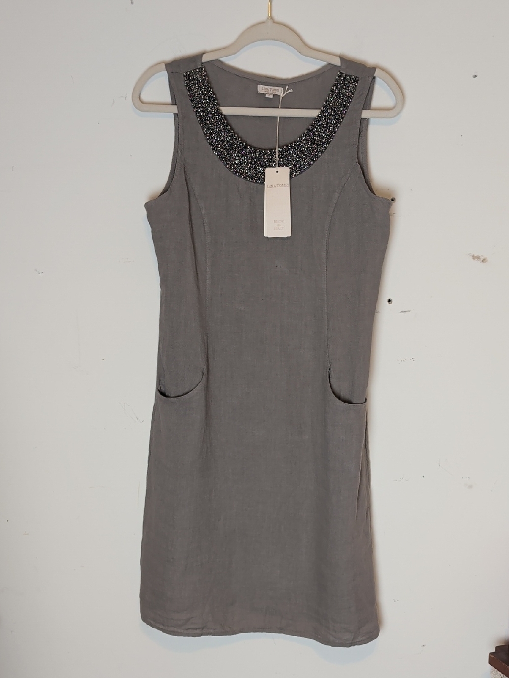 NWT Lina Tomei Beaded Shift Dress  Made in Italy Minimalist Pocket Dress Small